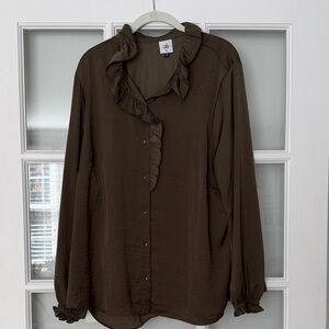 CAbi Olive Ruffle Button Down Blouse